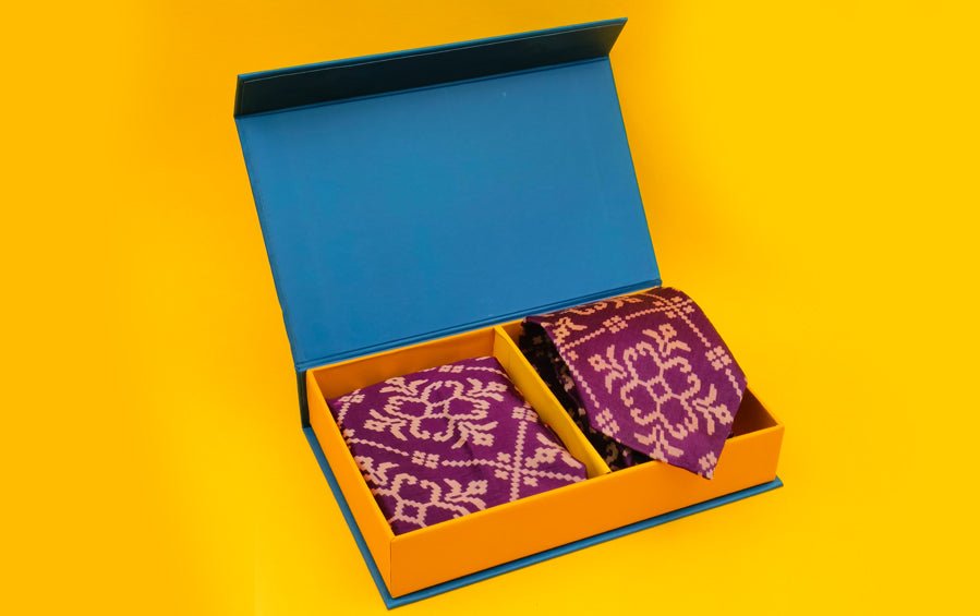 AJRAKH PRINT- SILK TIE WITH POCKET SQUARE PURPLE - Necktie with pocket square gift set - indic inspirations