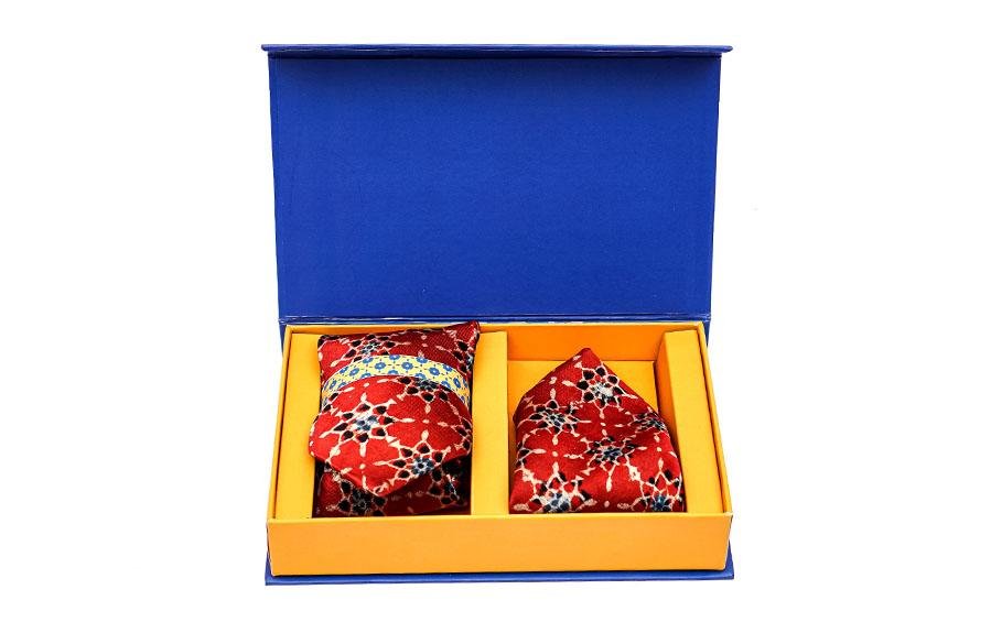 AJRAKH PRINT- SILK TIE WITH POCKET SQUARE RED - Necktie with pocket square gift set - indic inspirations