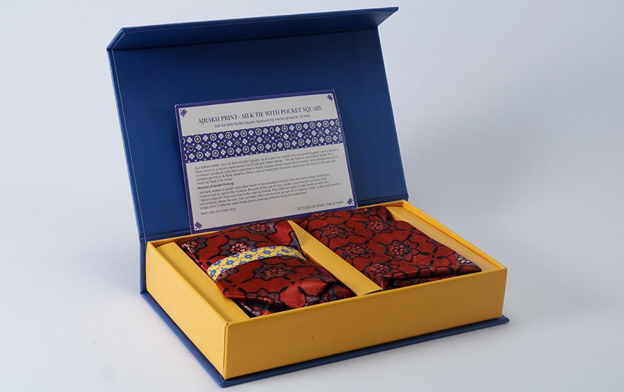 AJRAKH PRINT- SILK TIE WITH POCKET SQUARE RED - Necktie with pocket square gift set - indic inspirations