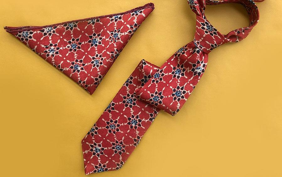 AJRAKH PRINT- SILK TIE WITH POCKET SQUARE RED - Necktie with pocket square gift set - indic inspirations