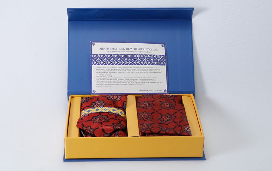 AJRAKH PRINT- SILK TIE WITH POCKET SQUARE RED - Necktie with pocket square gift set - indic inspirations