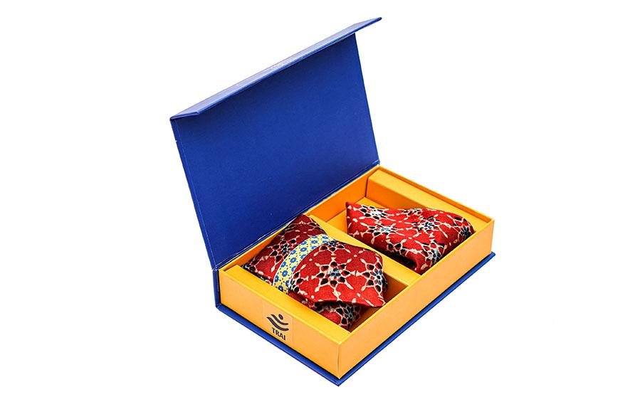 AJRAKH PRINT- SILK TIE WITH POCKET SQUARE RED - Necktie with pocket square gift set - indic inspirations