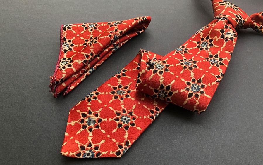 AJRAKH PRINT- SILK TIE WITH POCKET SQUARE RED - Necktie with pocket square gift set - indic inspirations