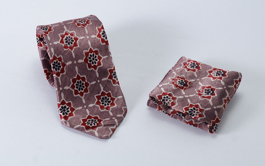 AJRAKH PRINT- SILK TIE WITH POCKET SQUARE YELLOW - Necktie with pocket square gift set - indic inspirations