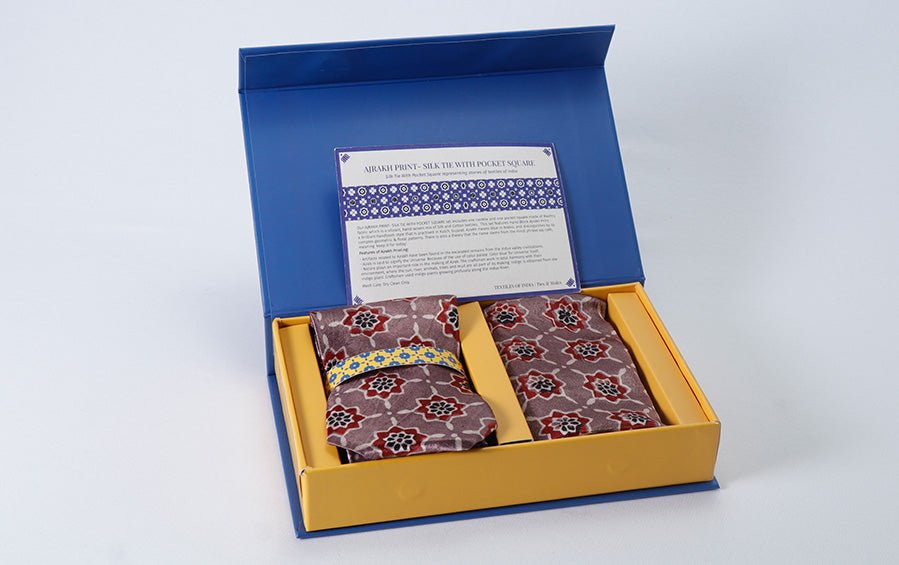 AJRAKH PRINT- SILK TIE WITH POCKET SQUARE YELLOW - Necktie with pocket square gift set - indic inspirations