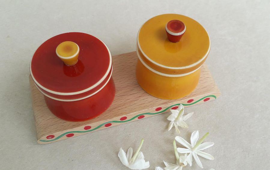 AUM – Haldi Kumkum Wooden Set - kumkum boxes - indic inspirations