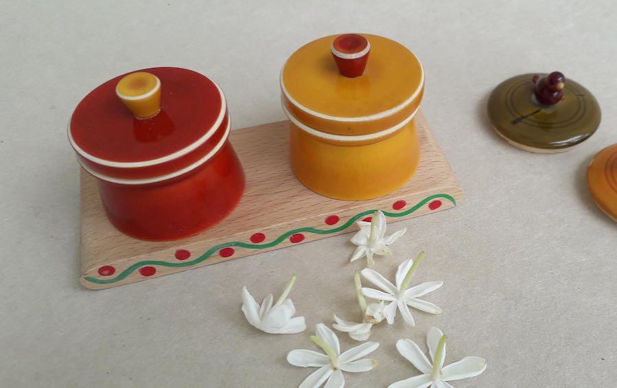AUM – Haldi Kumkum Wooden Set - kumkum boxes - indic inspirations