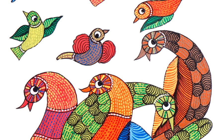 Birds | Gond Painting | A3 Frame - paintings - indic inspirations