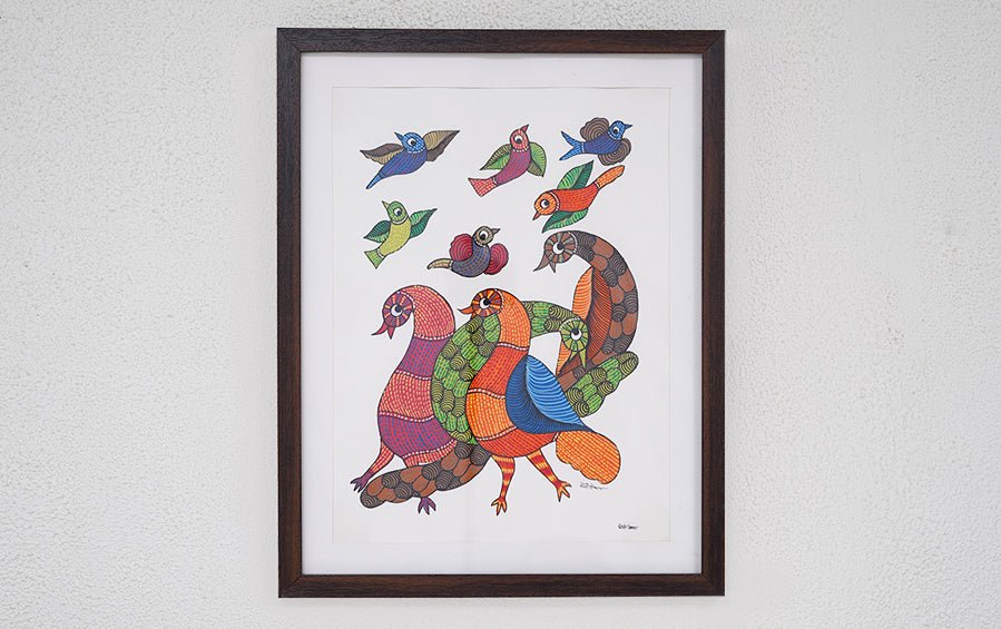 Birds | Gond Painting | A3 Frame - paintings - indic inspirations