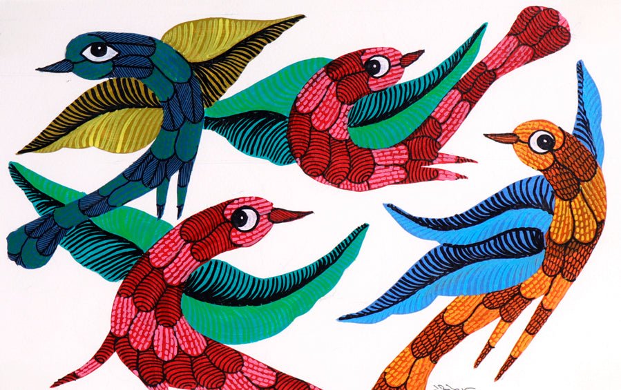 Birds | Gond Painting | A4 Frame - paintings - indic inspirations