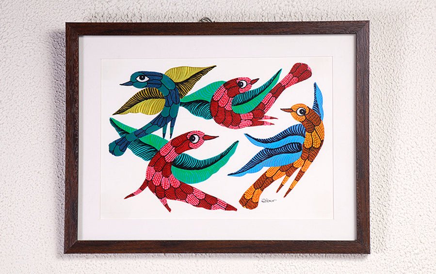 Birds | Gond Painting | A4 Frame - paintings - indic inspirations