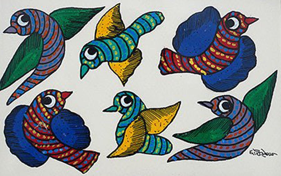 Birds | Gond Painting | A5 Frame - paintings - indic inspirations