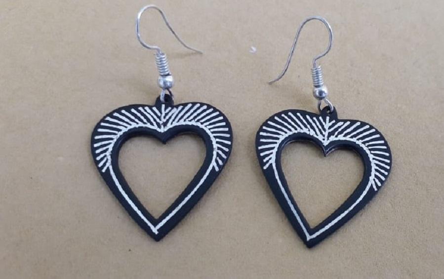 Black Silver Earrings with Bidri Work - Heart - Earrings - indic inspirations