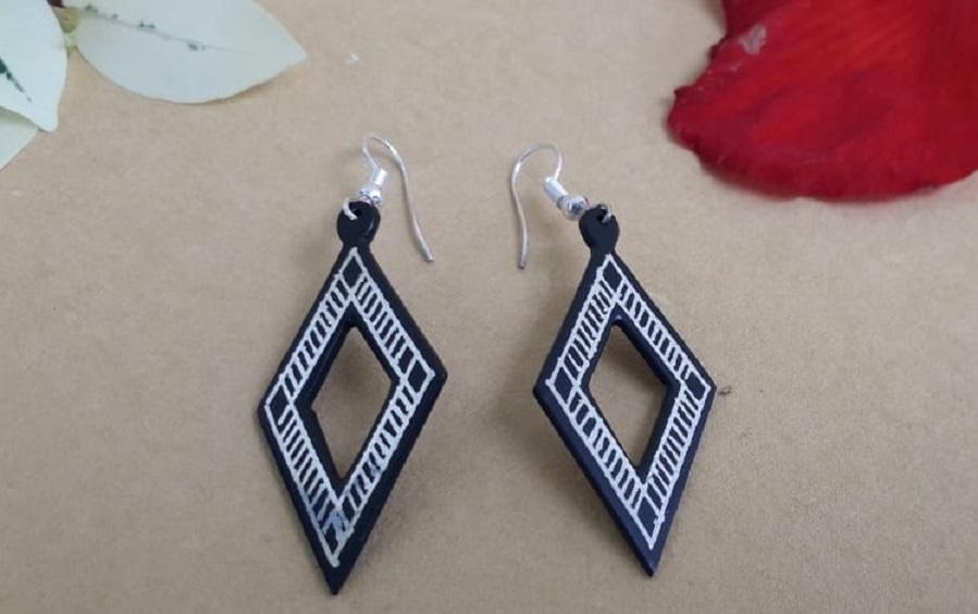 Black Silver Earrings with Bidri Work - Rhombus - Earrings - indic inspirations