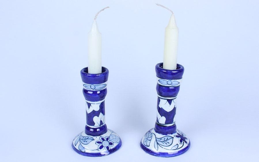 Blue Pottery Candle Holders - Set of 2 - candle holders - indic inspirations