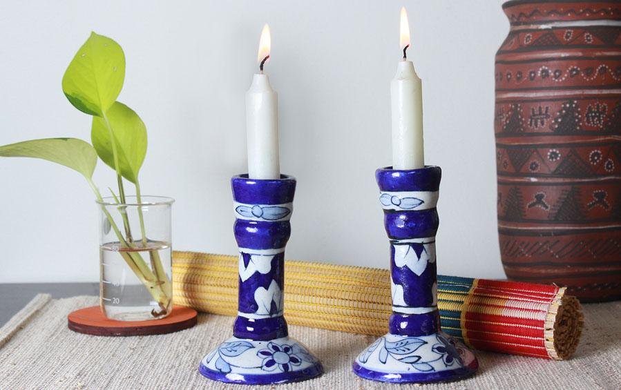 Blue Pottery Candle Holders - Set of 2 - candle holders - indic inspirations