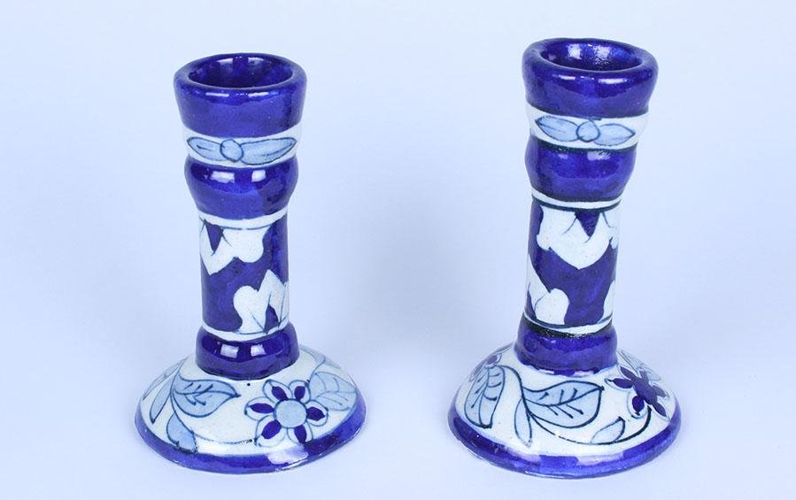 Blue Pottery Candle Holders - Set of 2 - candle holders - indic inspirations