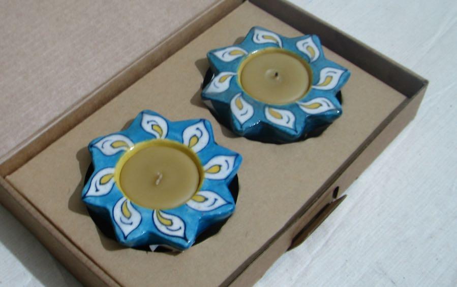 Blue Pottery Diwali Diyas - Set of 2 - candle holders - indic inspirations
