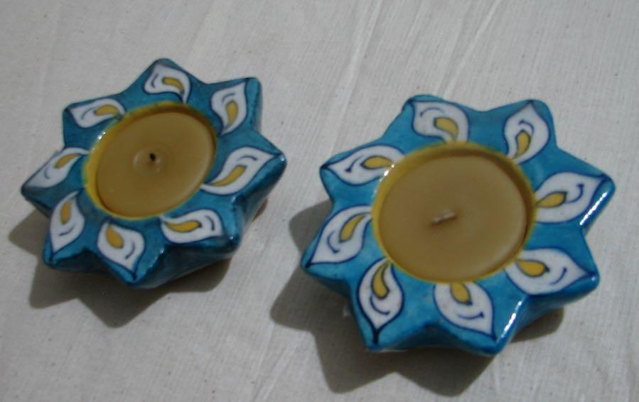 Blue Pottery Diwali Diyas - Set of 2 - candle holders - indic inspirations