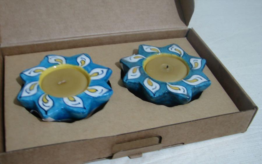 Blue Pottery Diwali Diyas - Set of 2 - candle holders - indic inspirations