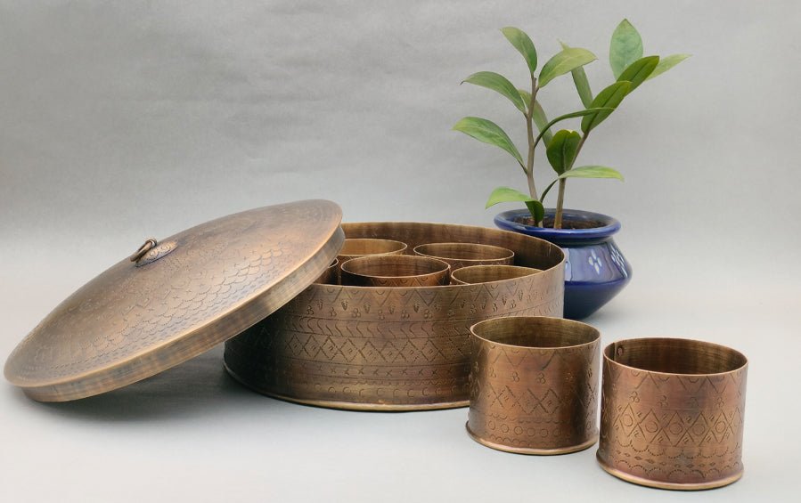 Brass Nakshikam Masala Dabba - Storage Boxes - indic inspirations