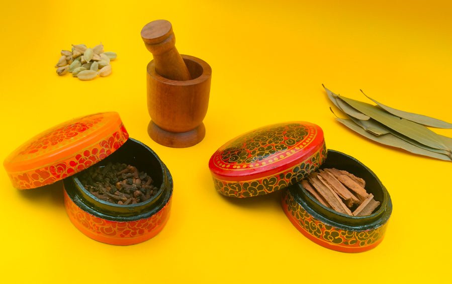 Christmas set – Mortar+Pestel & Kashmiri Oval Boxes - Festival Gift Hampers - indic inspirations