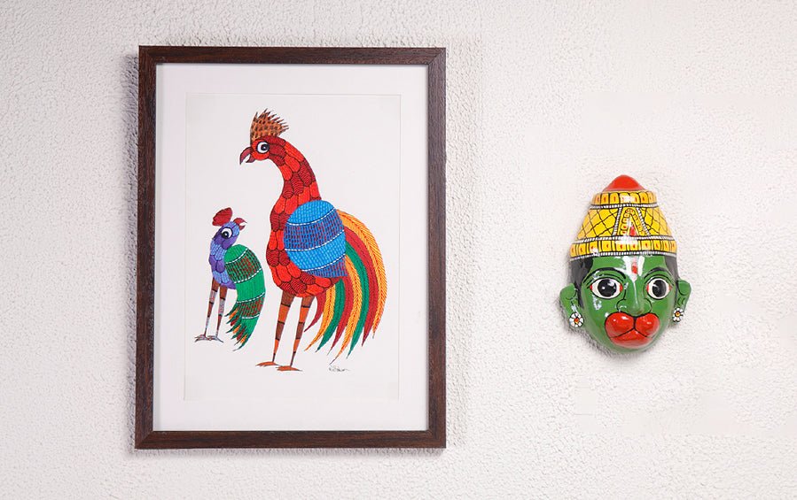 Cock & Hen | Gond Painting | A4 Frame - paintings - indic inspirations