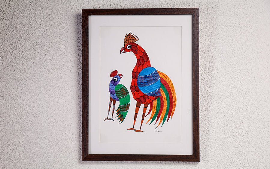 Cock & Hen | Gond Painting | A4 Frame - paintings - indic inspirations