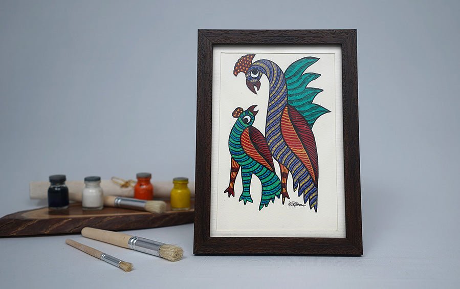 Cock & Hen | Gond Painting | A5 Frame - paintings - indic inspirations