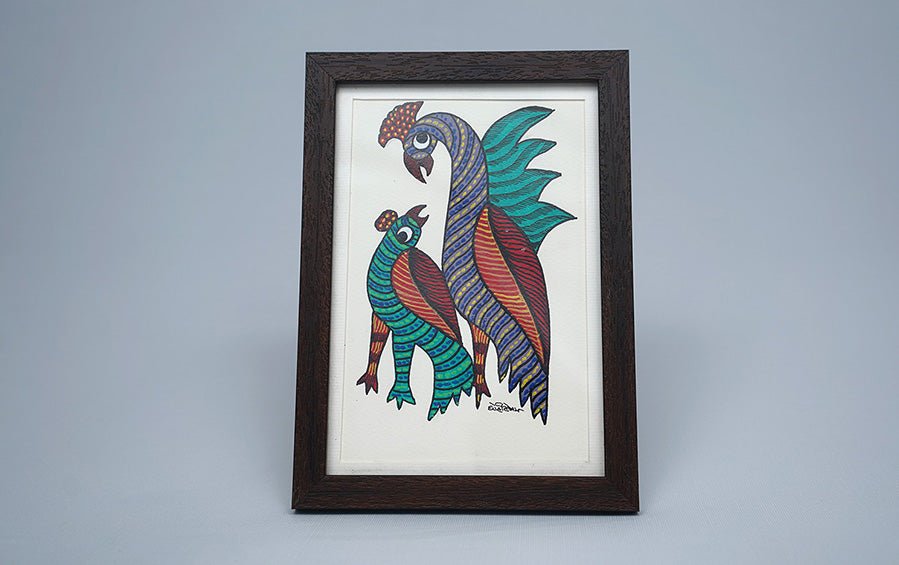 Cock & Hen | Gond Painting | A5 Frame - paintings - indic inspirations