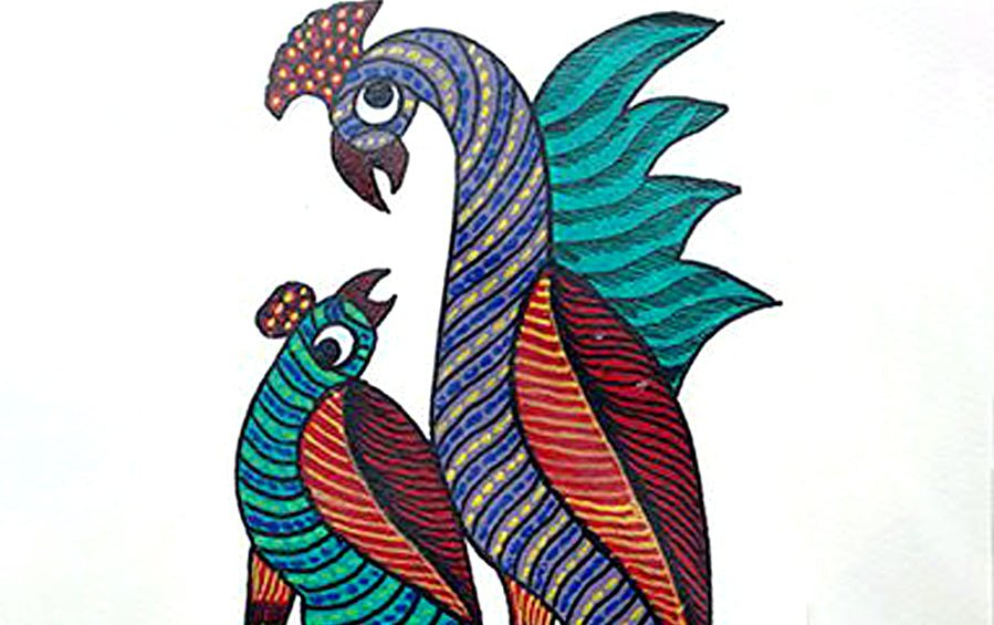Cock & Hen | Gond Painting | A5 Frame - paintings - indic inspirations
