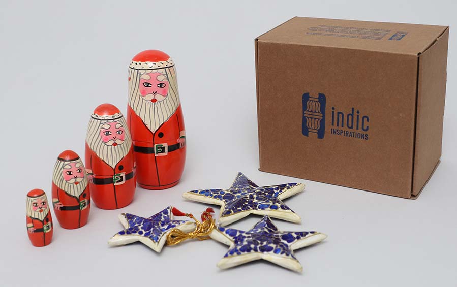 Decorative Hanging Stars & Nesting Santa Dolls Set - Festival Gift Sets - indic inspirations