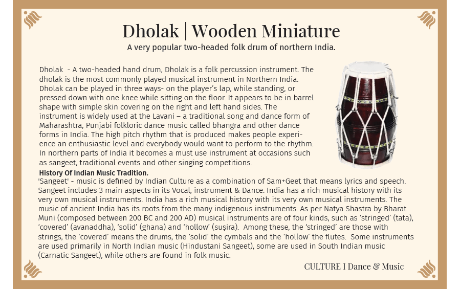 Dholak | Wooden Miniature - Miniature Musical Instruments - indic inspirations