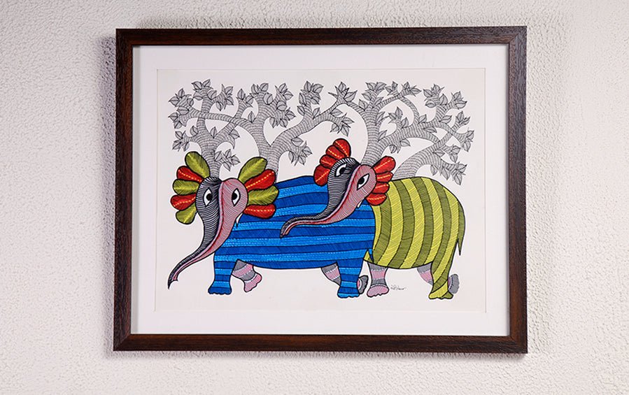 Elephant | Gond Painting | A3 Frame - paintings - indic inspirations