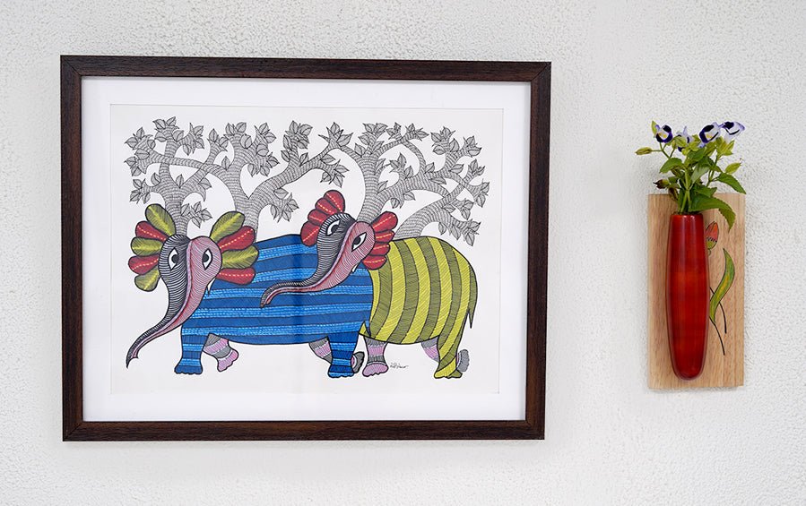 Elephants | Gond Painting | A3 Frame - paintings - indic inspirations