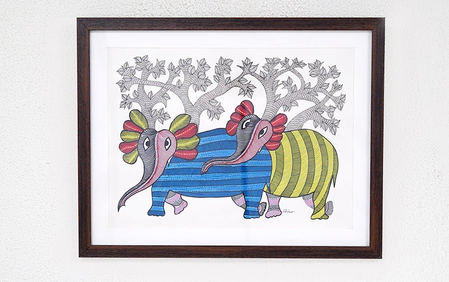 Elephants | Gond Painting | A3 Frame - paintings - indic inspirations