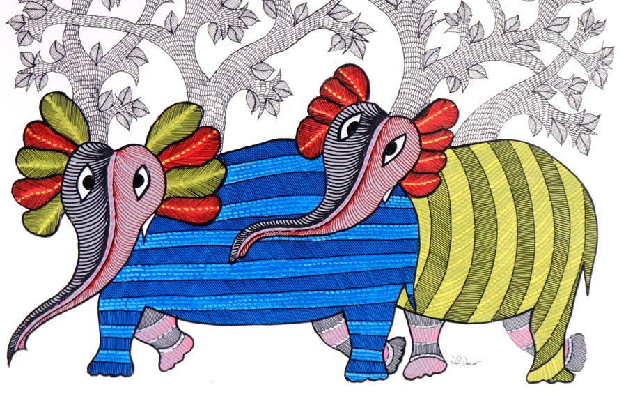 Elephants | Gond Painting | A3 Frame - paintings - indic inspirations