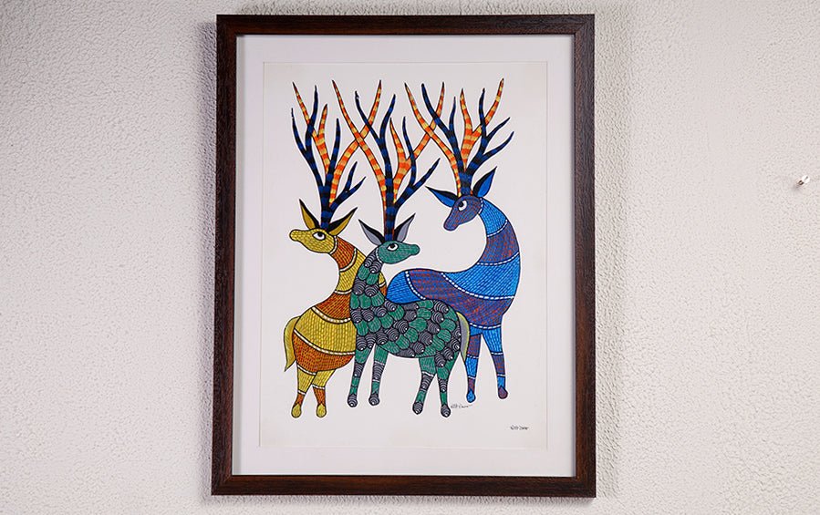 Family of Barasingha | Gond Painting | A3 Frame - paintings - indic inspirations