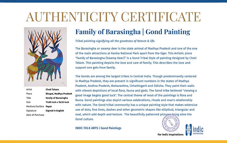 Family of Barasingha | Gond Painting | A3 Frame - paintings - indic inspirations