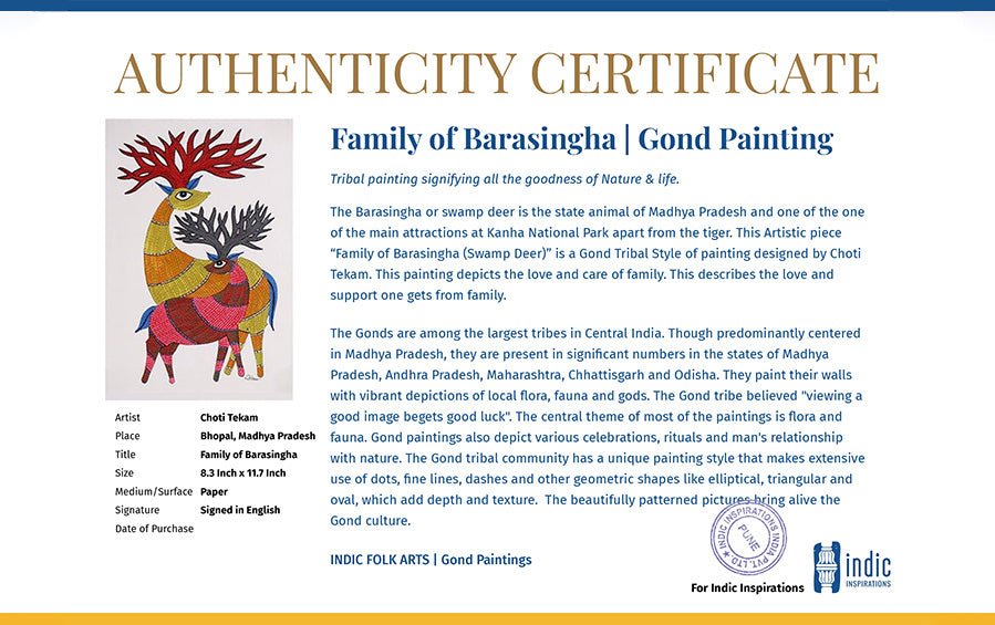 Family of Barasingha | Gond Painting | A4 Frame - paintings - indic inspirations