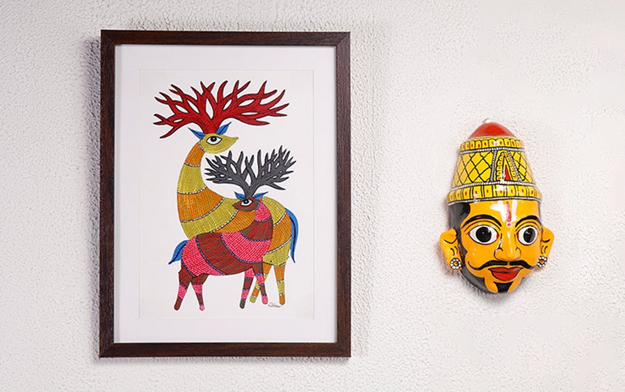 Family of Barasingha | Gond Painting | A4 Frame - paintings - indic inspirations