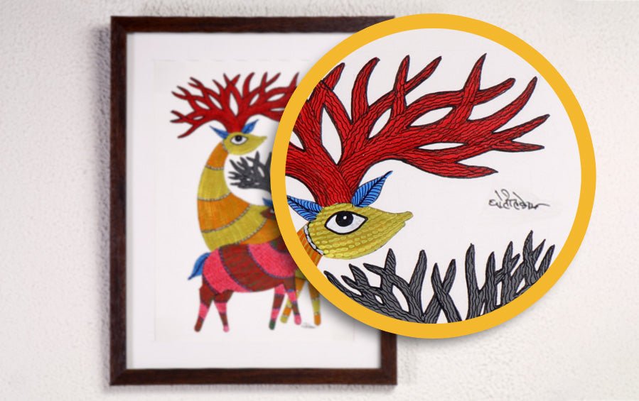 Family of Barasingha | Gond Painting | A4 Frame - paintings - indic inspirations