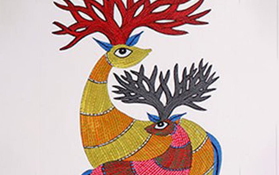 Family of Barasingha | Gond Painting | A4 Frame - paintings - indic inspirations