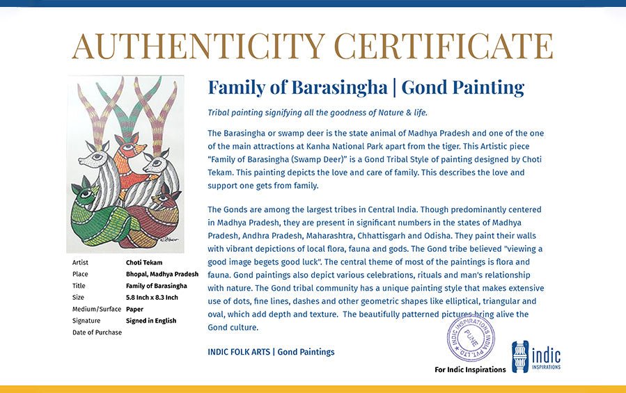 Family of Barasingha | Gond Painting | A5 Frame - paintings - indic inspirations