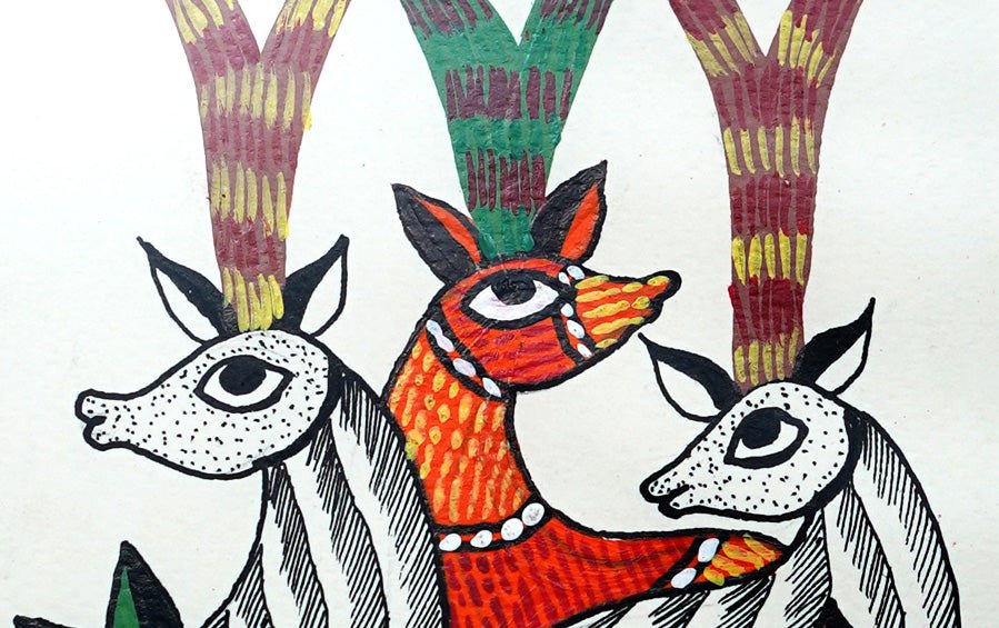 Family of Barasingha | Gond Painting | A5 Frame - paintings - indic inspirations