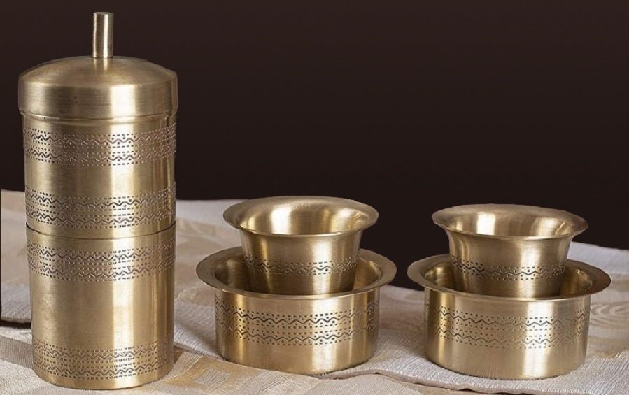 Filter Coffee Set with 1 Brass Coffee Filter + 2 Davara Set - Coffee Filter & Davara - indic inspirations