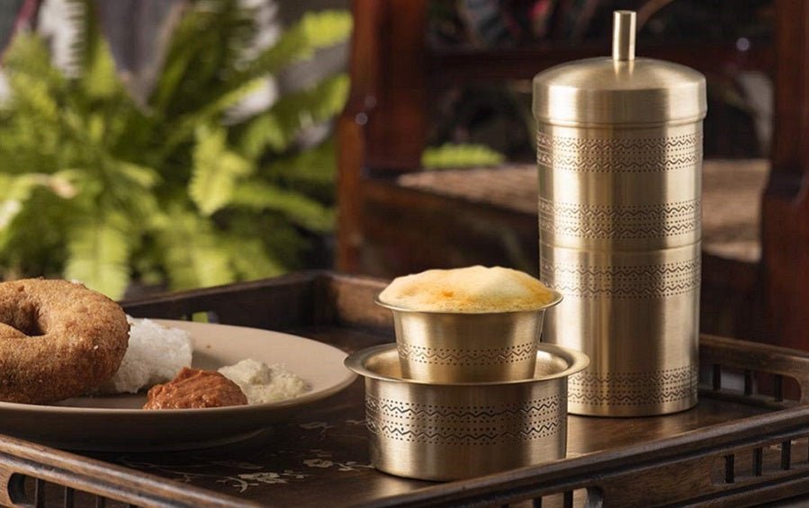 Filter Coffee Set with 1 Brass Coffee Filter + 2 Davara Set - Coffee Filter & Davara - indic inspirations