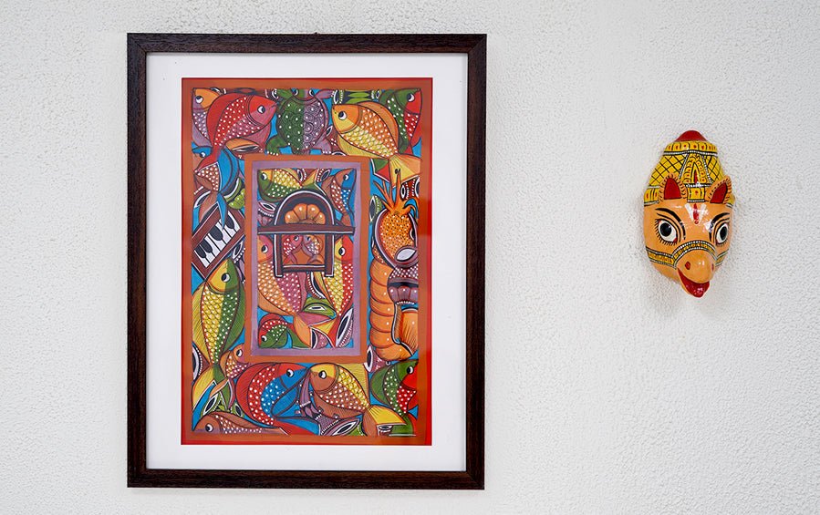 Fish Marriage #2 | Bengal Patachitra Painting | A3 Frame - paintings - indic inspirations