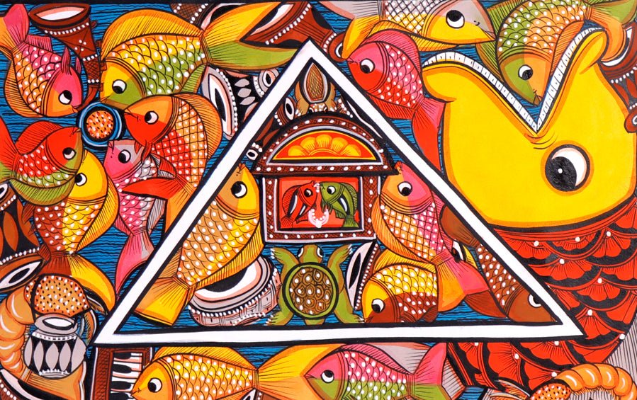 Fish Marriage | Bengal Patachitra Painting | A3 Frame - paintings - indic inspirations