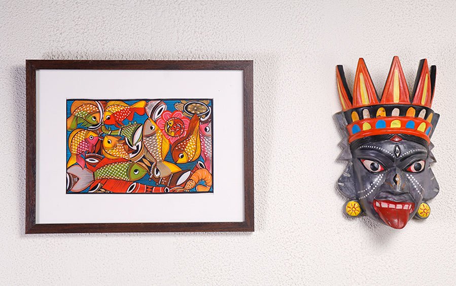 Fish Marriage | Bengal Patachitra Painting | A4 Frame - paintings - indic inspirations